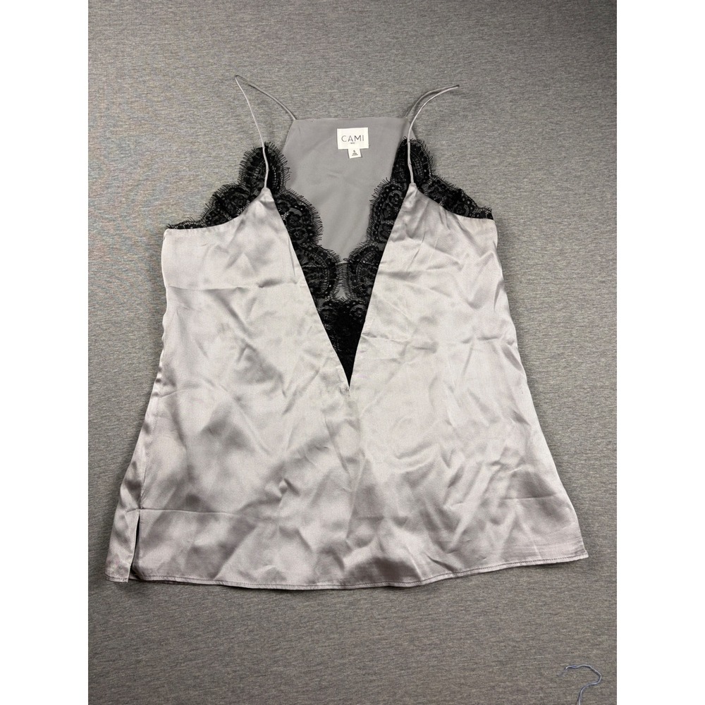 CAMI NYC Silk Camisole Top Size S Grey Black Lace Trim V-Neck Lingerie Style